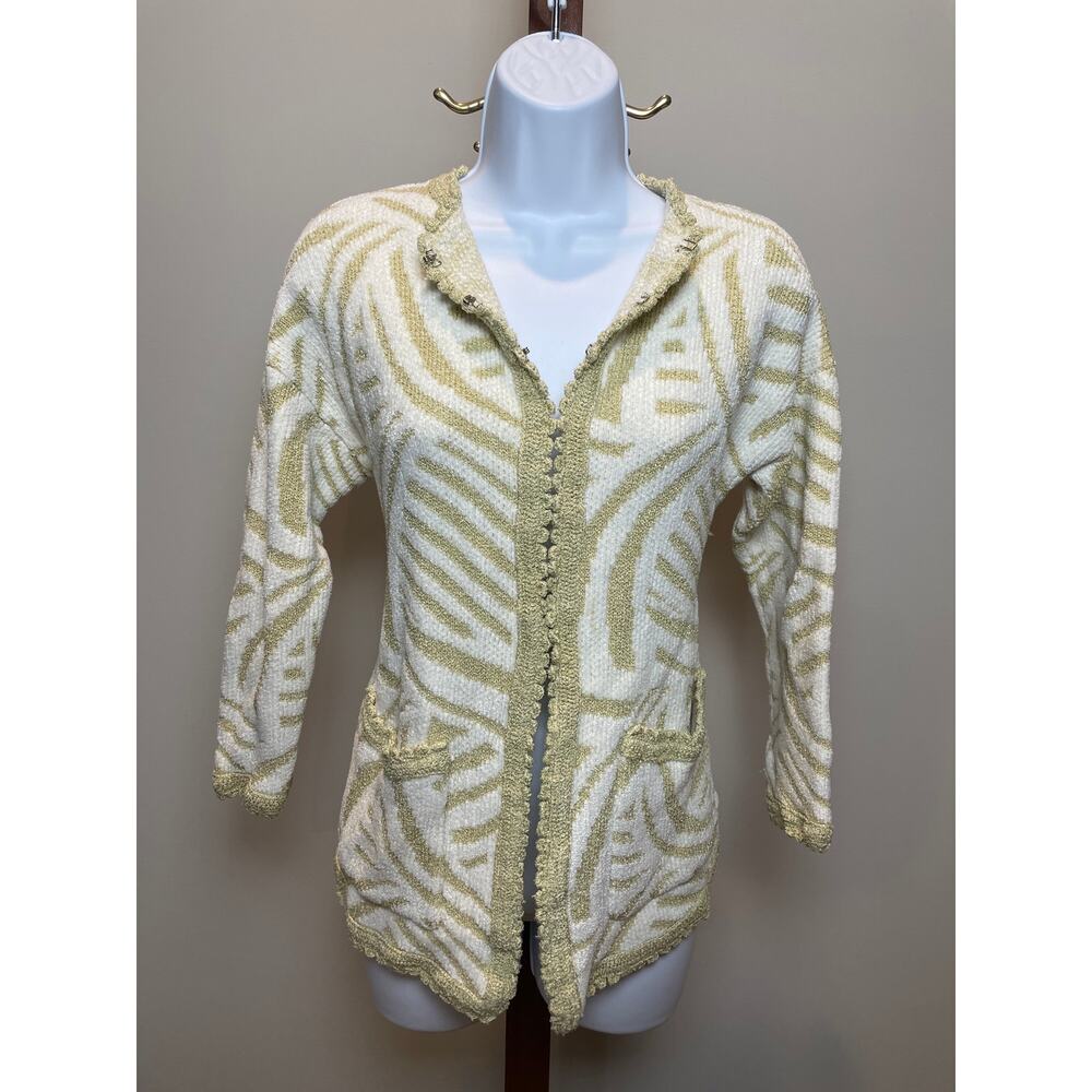 French Rags Boutique Vintage Cream Gold Chenille Knit Cardigan USA Made Size M